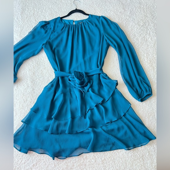 Long sleeve Tie Waist Tiered Ruffle Mini Dress - Picture 2 of 5